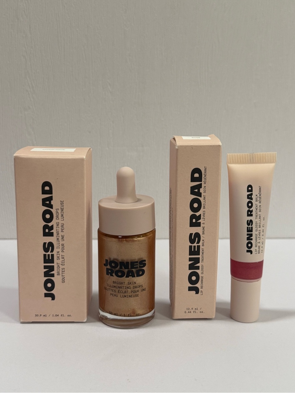JONES ROAD Bright Skin Illuminating Drops – Champagne & Lip Recharge – Rose